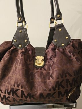 Michael Kors Brown MK Logo Satchel with Gold Hardware